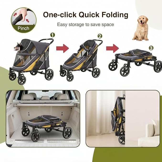Dog Stroller for Medium/Large Dogs One-Click Folding, Extra Large Pet Stroller for 2 Dogs with Storage Pocket & Shock Absorption, Up to 130 lbs, Yellow