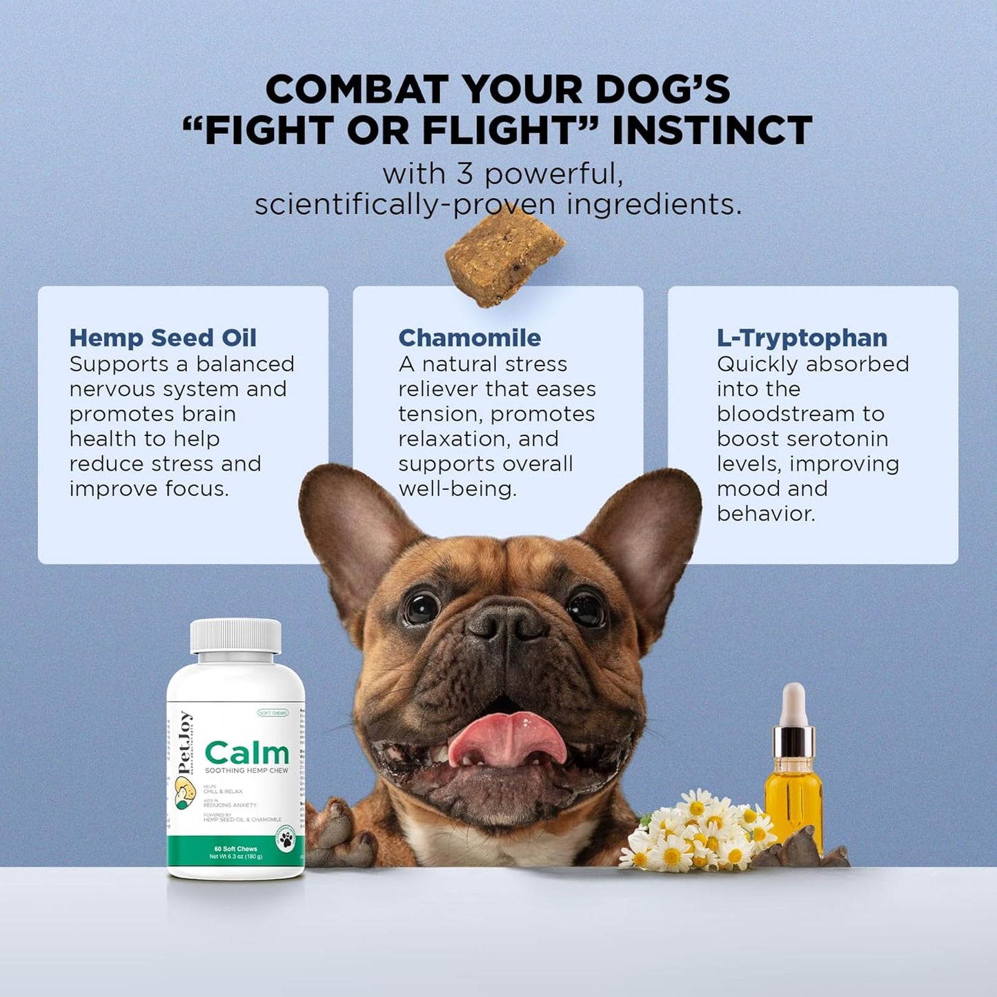 PetJoy Hemp Calming Chews for Dogs Relaxation Separation Anxiety Relief - Hemp Gummies for Calm Dog Sleep Aid for Puppies with Chamomile (60 Bacon Calming Treats)