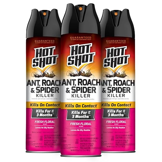 Hot Shot Ant, Roach & Spider Killer, 17.5 Ounces, Kills Roaches and Listed Ants on Contact, Indoor & Outdoor Insecticide Spray, 3 Pack