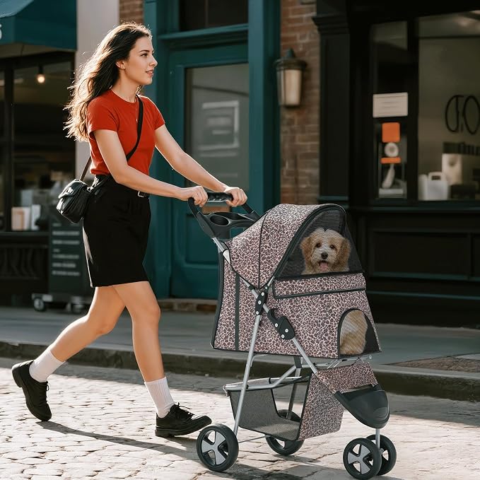 Pet Stroller for Small Dogs 10 lbs, Dog Stroller for Medium Dogs 30 lbs, Cat Strollers for 2 Cats, 3 Wheels Foldable Jogger Puppy Stroller with Storage Basket and Cup Holder, Leopard Print
