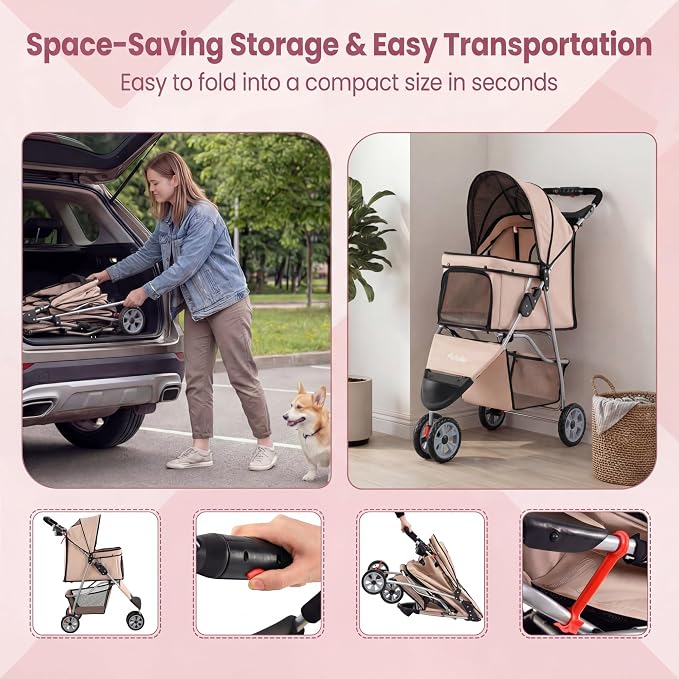Giantex 3 Wheel Foldable Dog Stroller for Small Dogs Cats, Lightweight Pet Stroller with Lockable Wheels, One-Hand Quick Fold, Mesh Windows, Safety Leash & Storage Basket, Pet Travel Stroller (Beige)