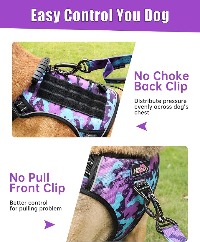 Tactical Dog Harness No Pull,Service Dog Vest with Handle,Purple Camo, XL | Adjustable Military,Reflective ＆ Molle Loop Panels, for Medium Large Size Dogs for Training Walking Running