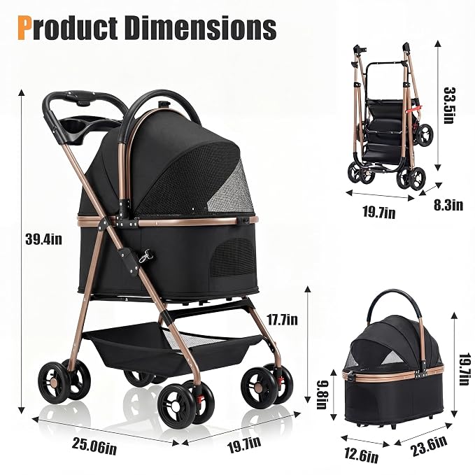 Pet Stroller with Removable Carrier | Lightweight Cat and Dog Stroller with One-Touch Folding|Aluminum Alloy Frame|900D Oxford Fabric and Rain Cover for Travel