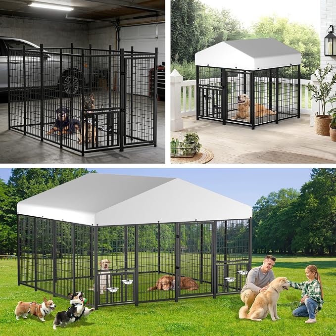 LOVMOR 10' x 10' Outdoor Dog Kennel with Roof for Large Dogs | Heavy duty steel frame, waterproof canopy, double latch door, adjustable feeding bowls for yards and patios