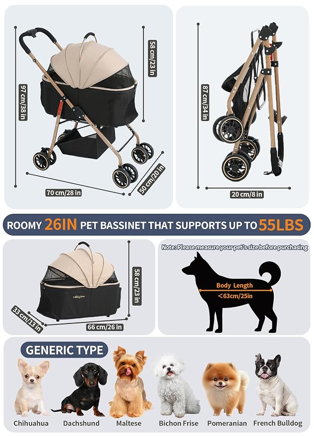 MILA&LOUIS Dog Stroller Pet Stroller for Medium Dogs Durable PU 4-Wheel Dog Strollers for Small Dogs Lightweight Foldable Dog and Cat Stroller Dog Stroller for Dog 55 Lbs with Cup Holder