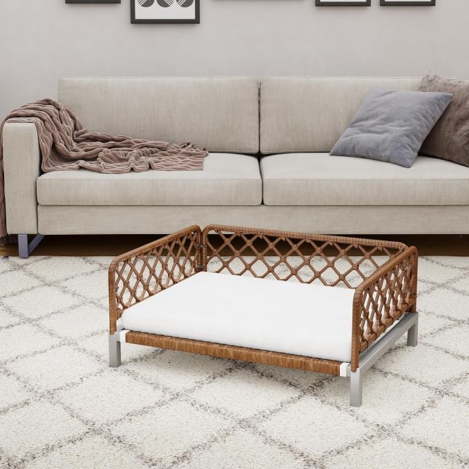 Dog Bed with Egg Crate Foam Support, Brown PE Wicker Orthopedic Pet Couch Bed with Washable Removable White Cushion, Outdoor Dog Sofa Bed for Medium, Small Dogs