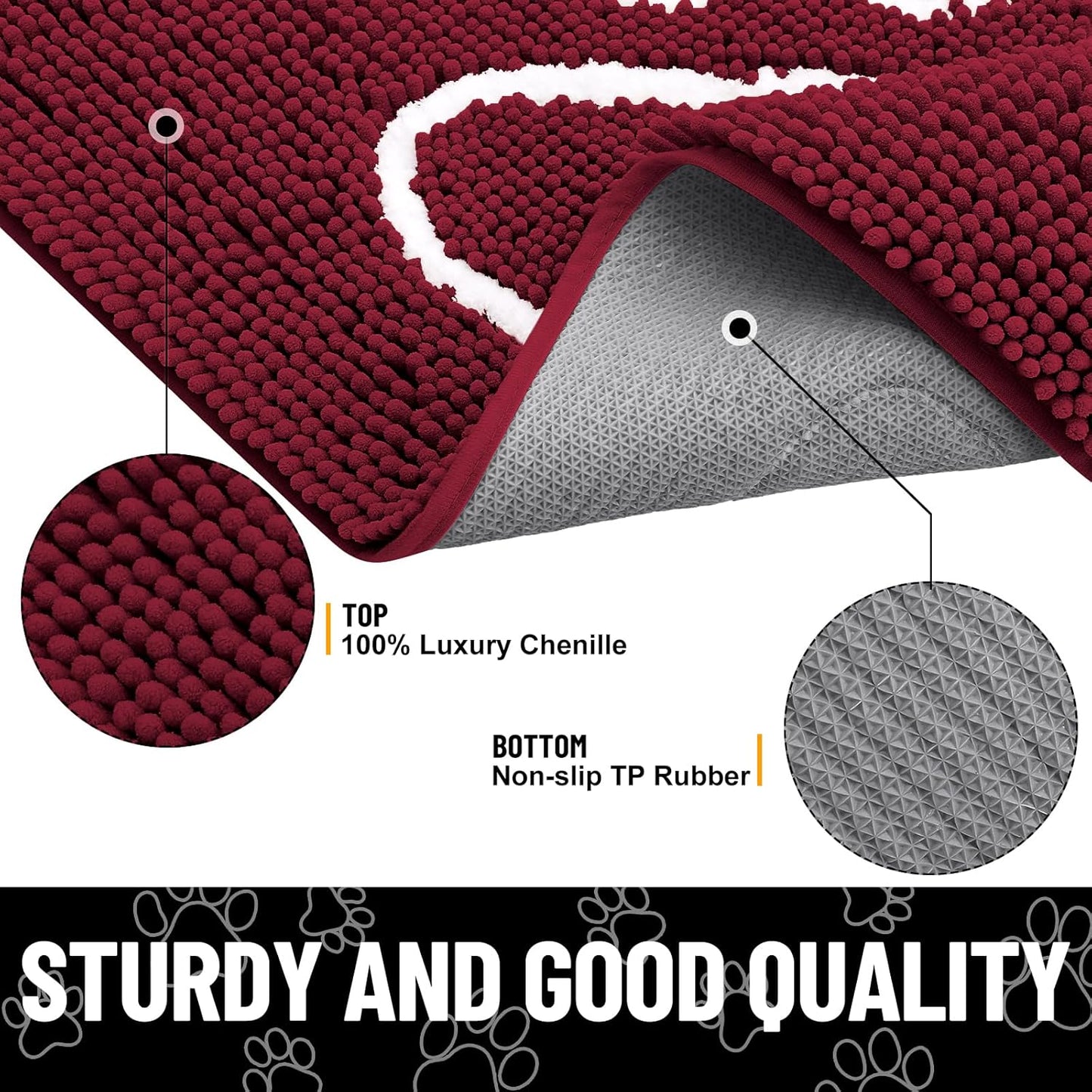 Smiry Dog Door Mat for Muddy Paws, Absorbent Dirt Trapper Non Slip Quick Dry Washable Chenille Mat for Mud Dogs, Entry Rug for Indoor and Outdoor (47x24 Inches, Burgundy)