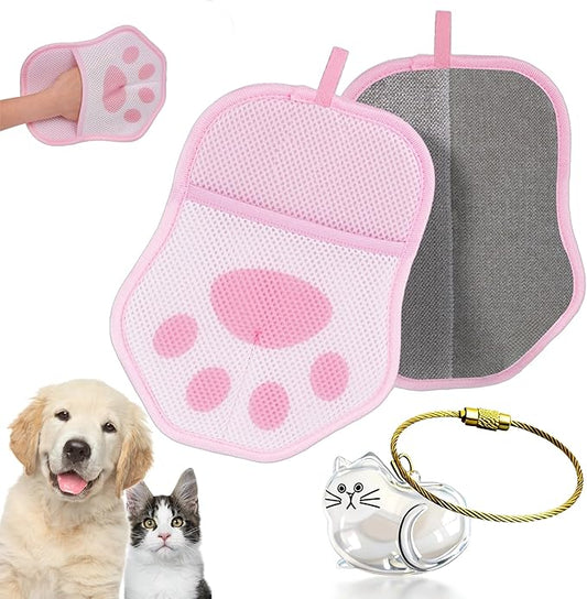 Xontri 2025 Upgrade Electrostatic Pet Hair Removal Glove, A Reusable Pet Hair Remover Tool for Cats & Dogs, Clothing, Couches, Carpets, and Car Seats(Pink Glove, Cat Keychain)