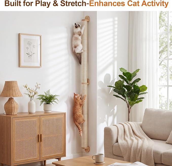 84" Tall Wall Mounted Cat Scratcher Post, Cat Wall Shelves Furniture, 6 Pcs 14 Inch Sisal Climbing Poles with 5 Brackets, Kitten Modular Scratch Tower, Space Saving Pet Supplies