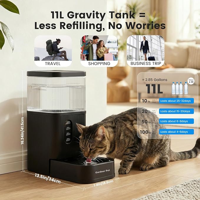 2.9 Gallon Automatic Dog Water Dispenser with Stainless Steel Bowl | BPA-Free, 11L Large Capacity, Stainless Steel Bowl, Maifan Stone Filter, Gravity Auto-Fill, Safe for Cats & Dogs
