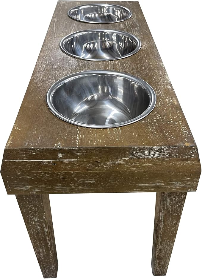 | 3 Bowl Dog Feeder - Aluminum Bowls - Washed Oak Finish - Raised Dog Feeder - 16 inch Tall - Brown