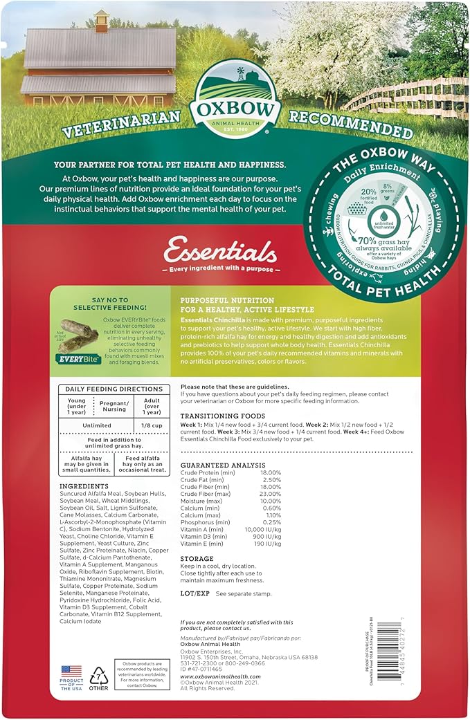 Oxbow Essentials Chinchilla Food, Made with Oxbow Alfalfa, Vitamin & Mineral Rich Food for Chinchillas, Small Animal Pet Pellets, Made in USA, High Fiber, 10 lb Bag