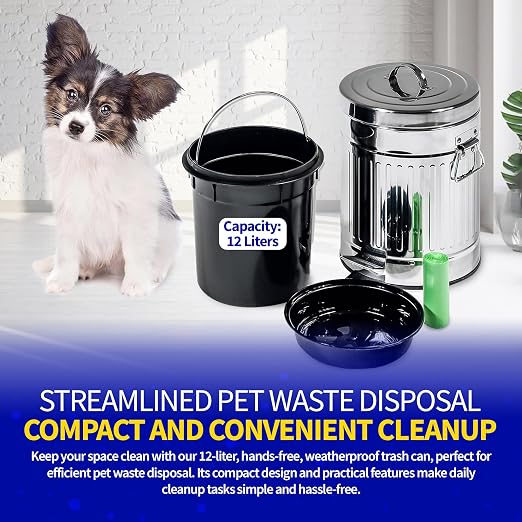 Pet Fit For Life Steel Trash Can with Lid, 16" Tall, 12L/3.2 Gallons | Steel Galvanized Bin with Step Foot Pedal, Plastic Inner Lining, Liner Bags, and Weather-Resistant Design for Yard Use