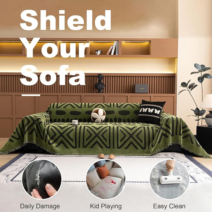 VClife Bohemian Green and Black Couch Cover Western Aztec Sofa Cover for 3-4 Cushion Couch Sofa Washable Chenille Sofa Slipcover Boho Non Slip Geometric Couch Covers for Sectional Sofa 71''x150''