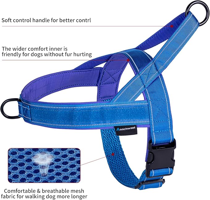 Annchwool No Pull Dog Harness with Soft Padded Handle-Reflective Strip Escape Proof and Quick Fit to Adjust Dog Harness-Easy for Training Walking for Small & Medium and Large Dogs(Blue,XS,1 in Width)
