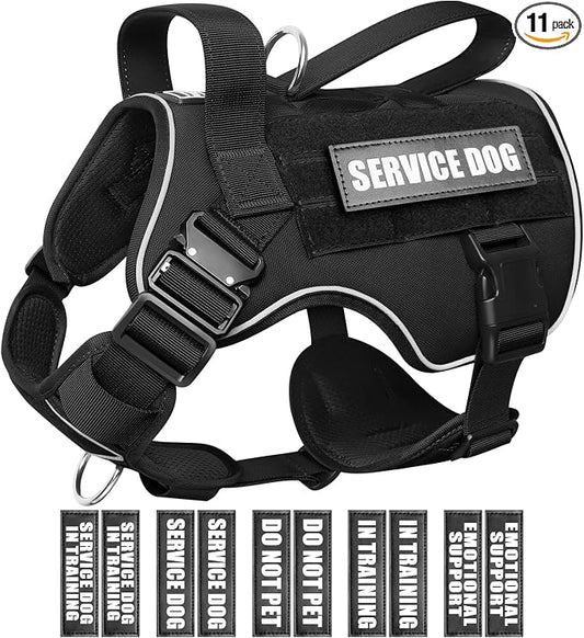 2X Metal Buckle Service Working MOLLE Dog Vest with 10 Pet Patches | Tactical Dog Harness for Large Dog, No-pull Military Working Vest for Training Hunting Walking，2x D Rings for Leash Clip