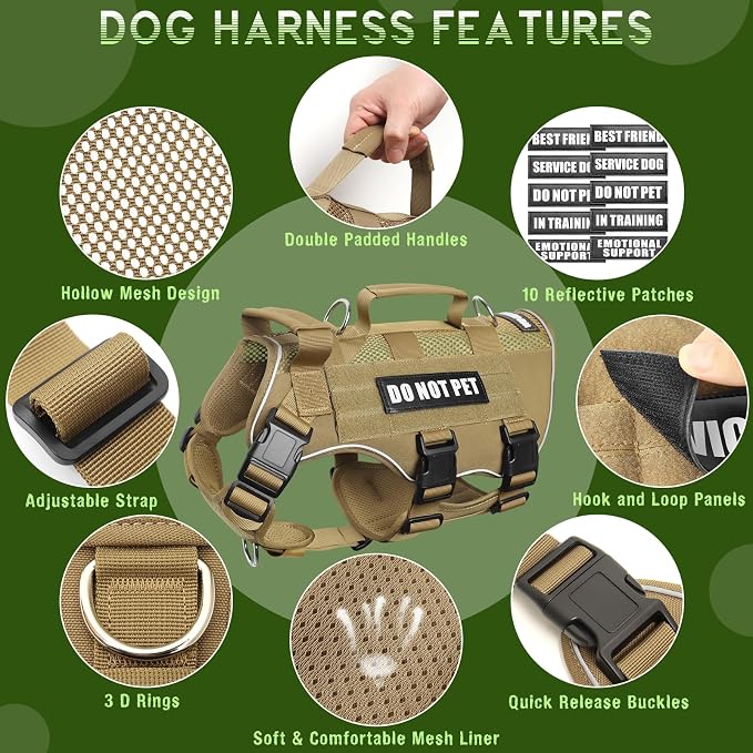 Tactical Molle Vest Mesh Dog Harness with 10 Removale Pet Patches | Breathable Service Dog harness with Double Soft Padded Handle for Small Dog, Reflective Military Pet Vest for Walk Hiking