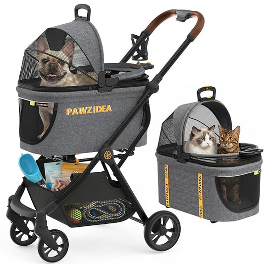 PAWZIDEA Pet Stroller 4-in-1, Foldable Dog Stroller with Detachable Carrier for Small Medium Dogs & Cats, Escape-Proof No-Zip Canopy, Lightweight Portable Travel Crate & Car Seat Combo, Storage Basket