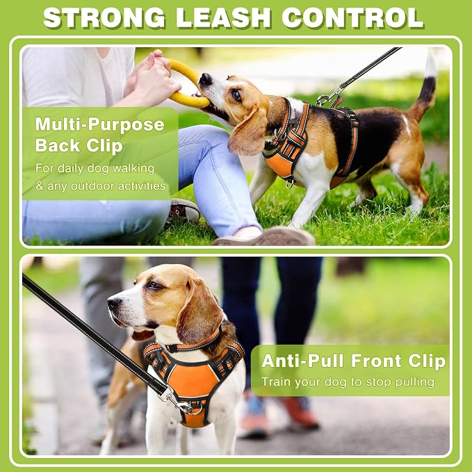 Dog Harness No Pull, Pet Harnesses with Dog Collar, Adjustable Reflective Oxford Outdoor Vest, Front/Back Leash Clips for Small, Medium, Large, Extra Large Dogs, Easy Control Handle for Walking