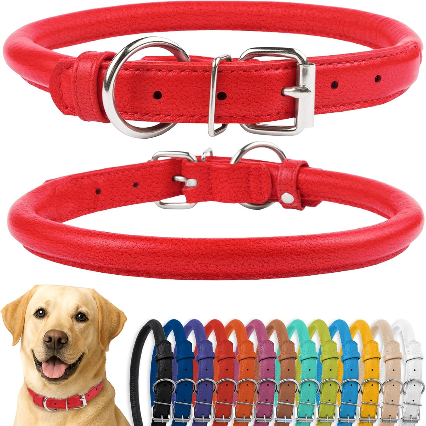 CollarDirect Rolled Leather Dog Collar, Soft Padded Round Puppy Collar, Handmade Genuine Leather Collar Dog Small Large Cat Collars 13 Colors (15-19 Inch, Red Textured)