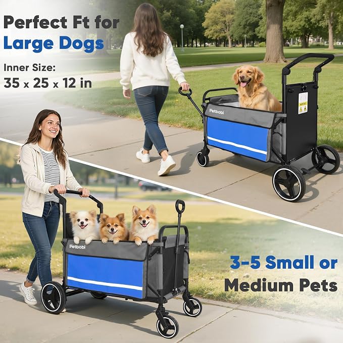Petbobi Dog Wagon for Large Dogs, Push & Pull Foldable Pet Cart with Ramp | Fits Medium & Heavy Breeds Up to 80 lbs, 360° Swivel Stroller Wheels, Adjustable Handle, Foot Brake, Safety Leashes, Blue