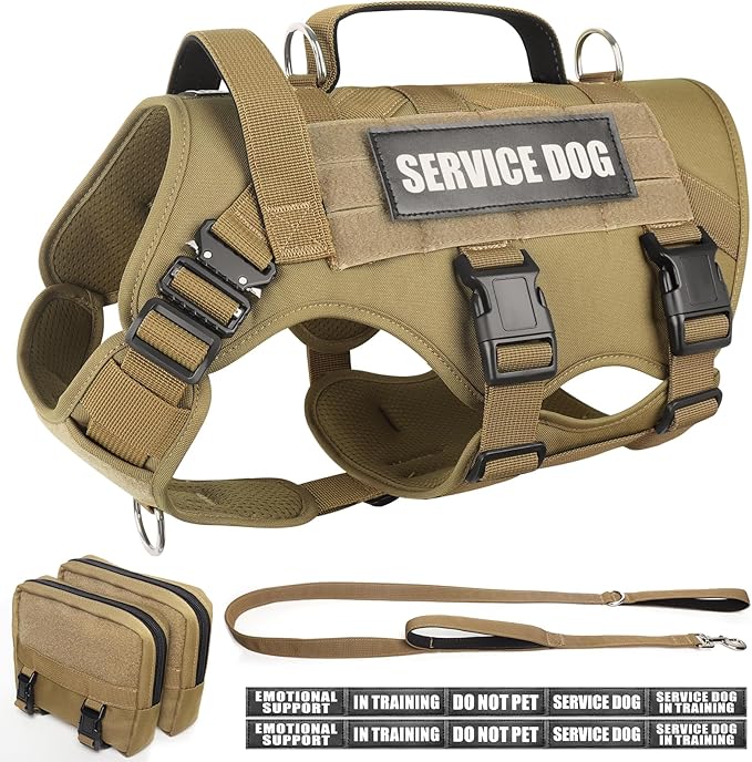 Tactical Dog Harness with Dog Leash, Service Working MOLLE Vest with 10 Pet Patches for Large Dog, No Pull Military Harness and Backpack for Training Hunting Walking