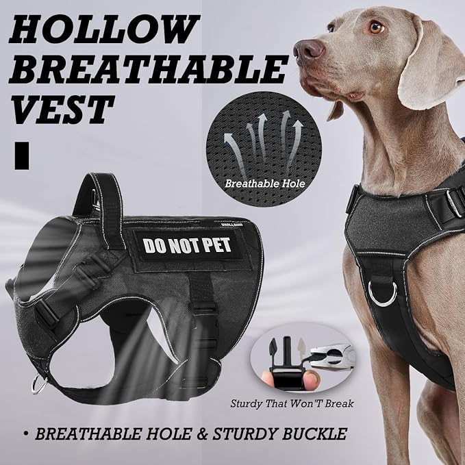 Tactical Dog Harness for Large, No Pull Adjustable Reflective MOLLE Service Dog Harness with Do Not Pet Patches, Military K9 German Shepherd Dog Vest for Training Walking Hunting Black
