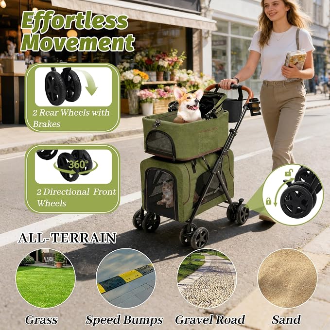 Double Pet Stroller, Foldable Dog Stroller with Detachable Carriers, All-Terrain Wheels, Cup Holder, Storage Bag, for Medium Dogs up to 20 lbs