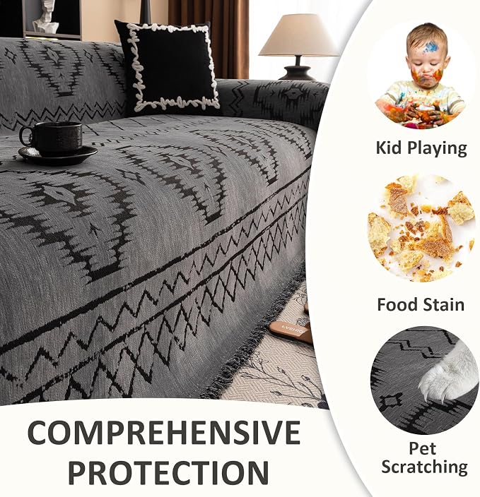 VClife Couch Cover Sofa Cover Washable Sofa Protector, Non Slip Couch Covers for 3 Cushion Couch Sofa Modern Tribal Pattern Sofa Slipcover Dog Furniture Protector, Soft Chenille, Dark Gray, 71"X134"