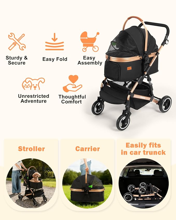 Dog Stroller for Medium Dogs Up to 52 Lbs, Cats Stroller for 2 Cats, 3 in 1 Pet Stroller with Bag Holder for Leashes, 3-Roll Poop Bags, 600D Waterproof Oxford Fiber, Adjustable Handle (Black)