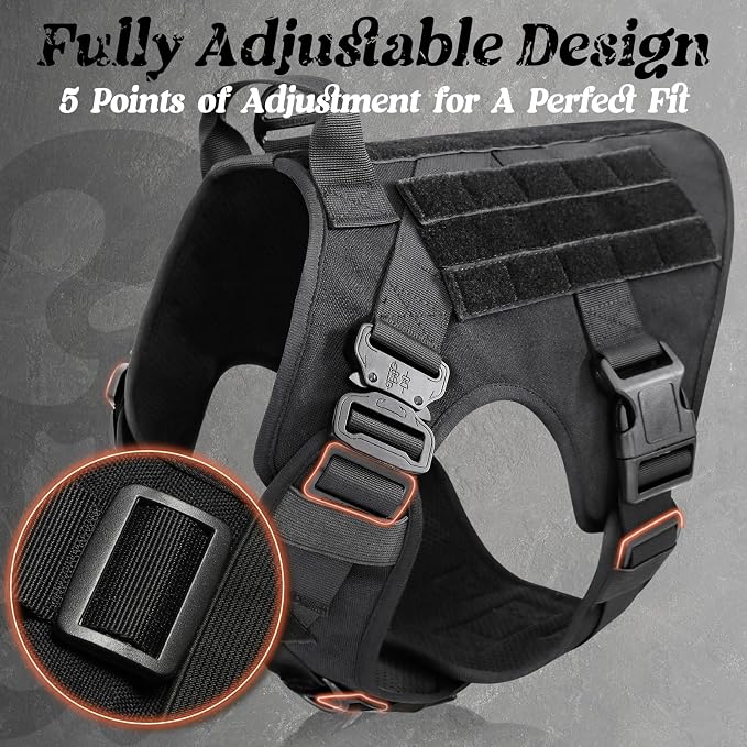rabbitgoo Tactical Dog Harness for Medium, Heavy Duty Military No Pull Vest | Sturdy Metal Buckles, 5 Adjustments, Molle System, Powerful Pullers for Training, Hunting, Outdoor, Black, Medium