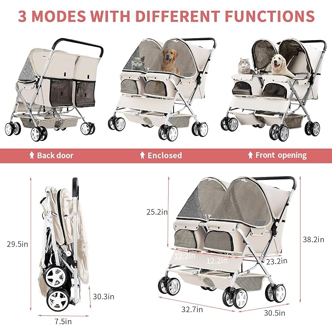 Double Pet Stroller for 2 Dogs & Cats, Side-by-Side, Gray | Foldable Two-Seater with Separate Cabins, 44 lb Capacity, Dual Baskets and Safety Tethers for Walks, Travel and Vet Visits