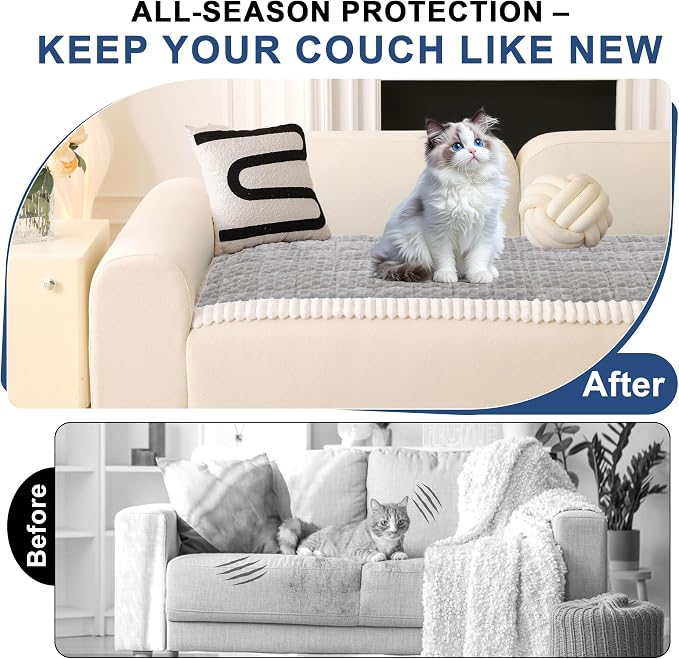 OTOB All Seasons Couch Covers for 3 Cushion Sofa Pet Friendly, Non Slip Plush Fuzzy Sofa Covers Washable, Soft Cozy Sofa Slipcovers Dog Bed Mat Furniture Protector (Light Gray, 27.6" x 82.7")