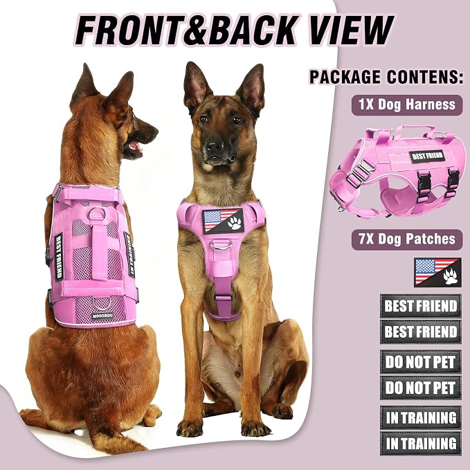 Air Mesh Tactical Dog Harness with Metal Buckles&MOLLE,Pink Medium | Breathable Adjustable No Pull Service Dog Vest with 3 Padded Handles,Military Dog Harness for Training Hiking Hunting Working