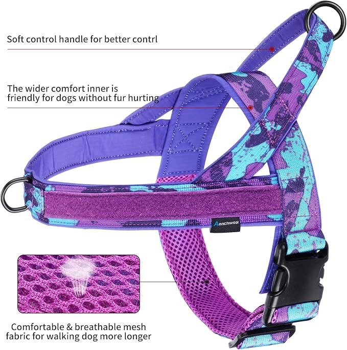 Annchwool No Pull Dog Harness with Soft Padded Handle-Escape Proof and Quick Fit to Adjust Dog Harness-Easy for Training Walking for Small & Medium and Large Dogs(Camo Purple,XS,1 in Width)