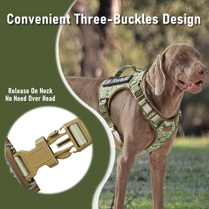 AUNZO Green Dog Harness for X-Large Dog Breeds, No Pull Adjustable Pet Harness with Handle, Reflective K9 Military Service Dog Vest for Walking Hiking Training, Green Ethnic, XL