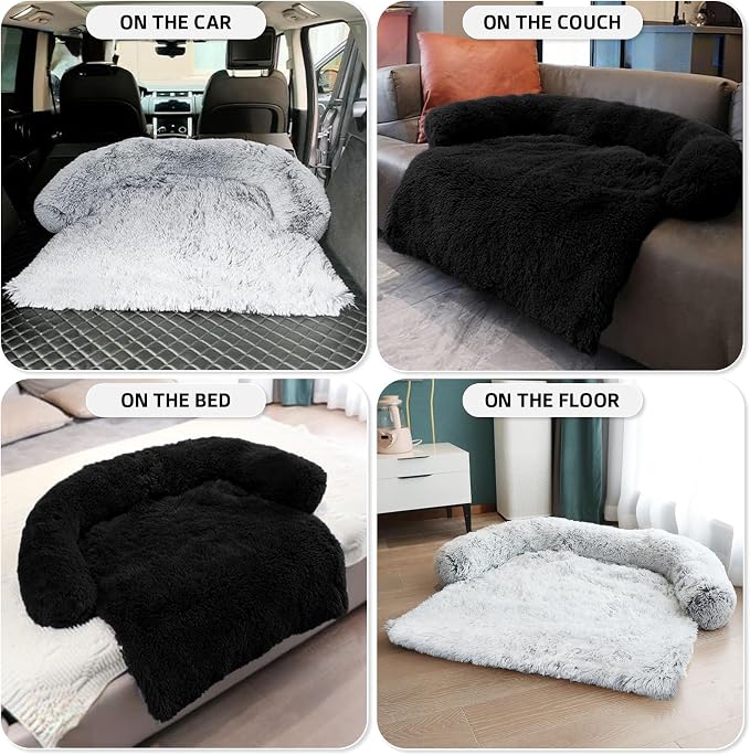 GGIB Calming Dog Bed Fluffy Plush Dog Mat for Furniture Protector with Removable Washable Cover for Large Medium Small Dogs and Cats (Large, Black)