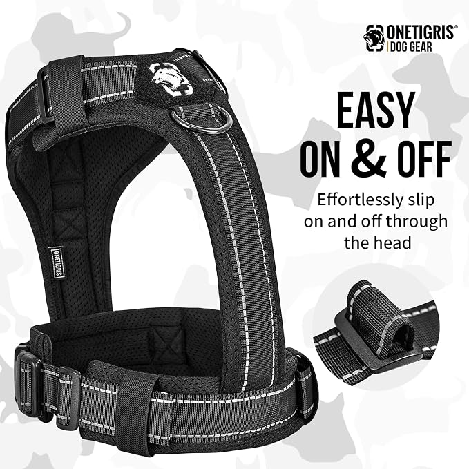 OneTigris Soft Padding No Pull Dog Vest Harness for Medium and Large Dogs | High-tensile Nylon, Adjustable, Reflective, 1 Handle, 3 D-rings, Lightweight, Tough, Easy on/off Tactical Dog Harness