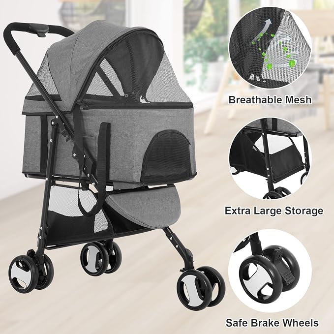 BestPet 3-Wheels Pet Stroller - Dog & Cat Premium 3-in-1 Multifunction Detachable Carrier Lightweight Folding Travel Stroller, Grey