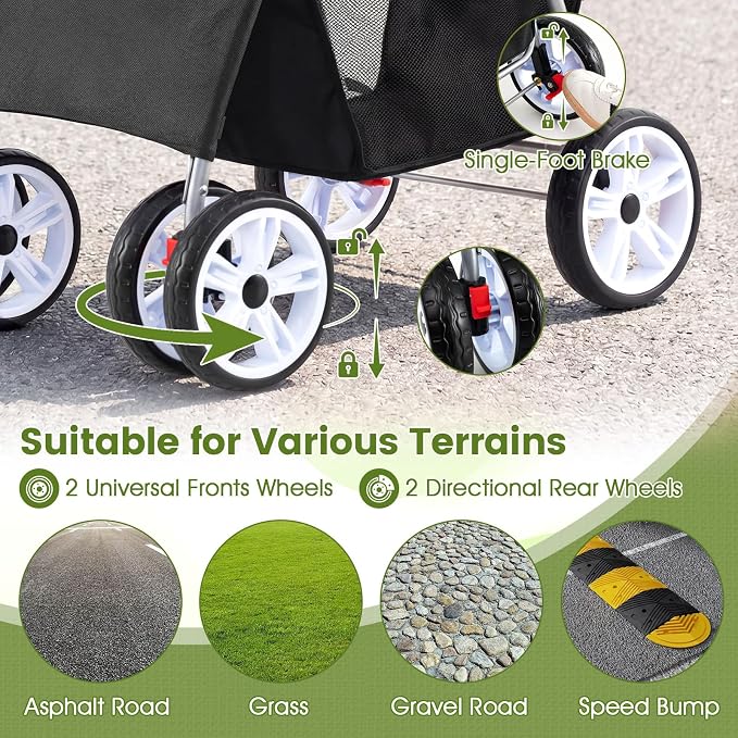 PETSITE 4 Wheels Pet Stroller, Foldable Dog Strollers for Small Dogs with Breathable Mesh, Waterproof Cover, Storage Basket, and Cup Holders, Ideal for Dogs Cats up to 33 lbs (Black)