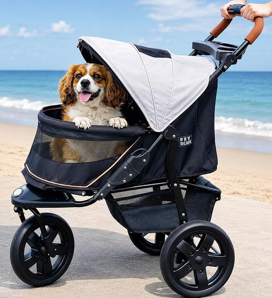 Pet Gear No-Zip AT3 Pet Stroller for Cats/Dogs, Light Sand | Zipperless Entry, Easy One-Hand Fold, Jogging Tires, Removable Liner, Cup Holder + Storage Basket