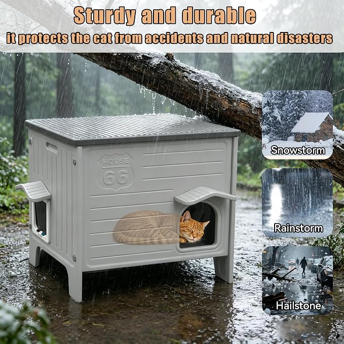 Plastic Cat House Outdoor with Soft Mat - Feral Cat Houses | with Escape Door, Waterproof Outdoor Cat House for Feral Cats, Outside Cat Shelter,Assemble Easily