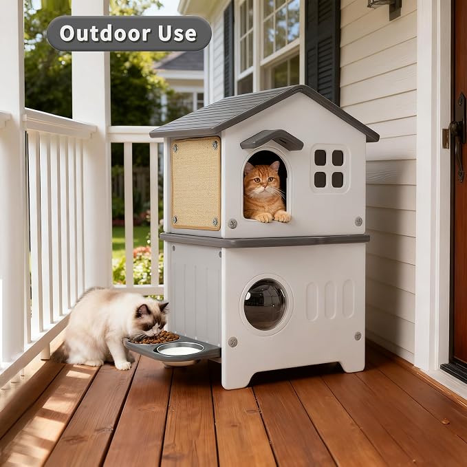 Outdoor Cat House with Liner, 100% Insulated Cat Houses for Winter Outside | 2 Story Waterproof Cat House for Outdoor Cats, Sturdy Cat Bowls & Scratch Pads, Clean Easily