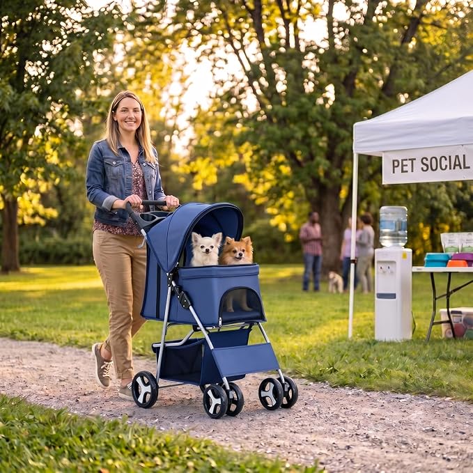 ZENY Foldable Pet Stroller, Cat/Dog Stroller with 4 Wheel, Pet Travel Carrier Strolling Cart with Storage Basket, Cup Holder (Navy Blue)