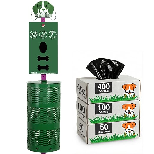 Flybold Dog Waste Station - Outdoor Dog Poop Trash Can with Poop Bag Dispenser - 400 Roll Bags, 100 Pull Bags, 50 Can Liners - Pet Waste Bag Disposal System for Parks and Public Spaces - 13x26 Inches