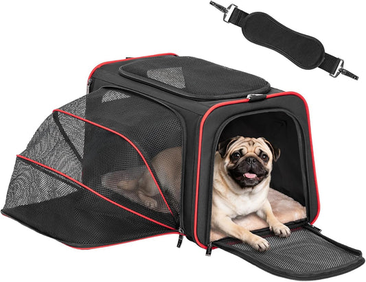 Petsfit Expandable Dog Carrier Large Cat Carrier, Soft-Sided Portable Collapsible Pet Travel Carrier for Kittens, Puppies or Small Animals, 19 x12x12 Inches, Black