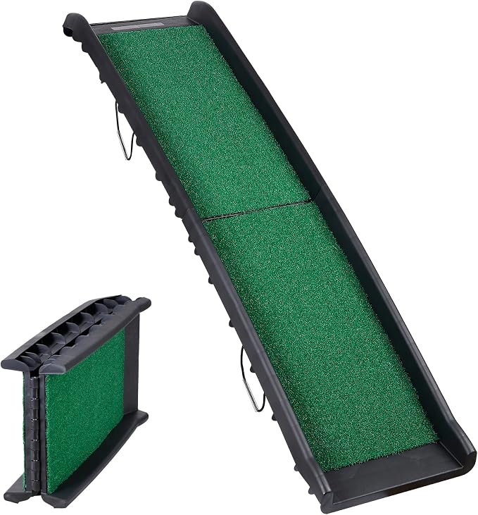 Folding Dog Ramp for Car Truck SUV 61 Inches Portable Pet Ramp with Grass Padded for Large Dogs Non Slip with Raised Siderails (Grass Surface)