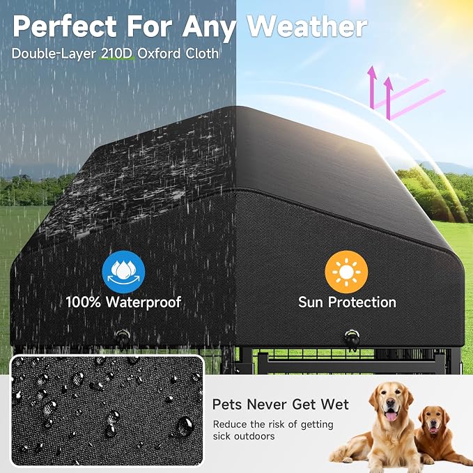 Dog Kennel Outdoor, Weatherproof Outside Dog Kennel with Roof & Swivel Feeders and Removable Dog Door, Heavy Duty Outdoor Kennels Dog Enclosure Run for Medium Large Dogs (8'L x 4'W x 6'H)