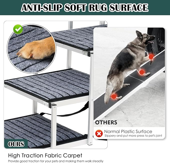 Joyrally 4-Step Dog Stairs for Car, Large Dogs, Non-Slip Surface | 20 in extra-wide aluminum frame, non-slip surface and foldable design for SUV and truck trunks, for senior and injured dogs