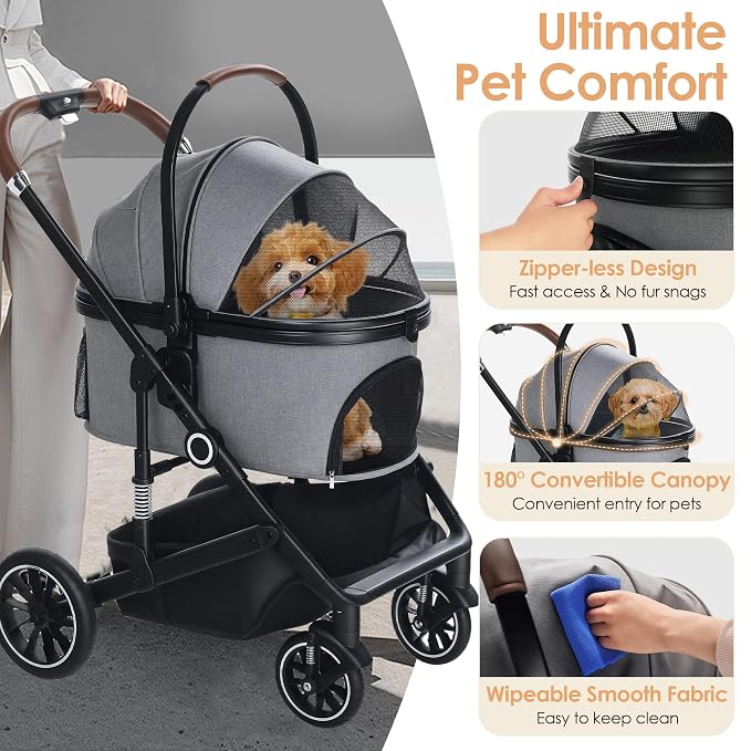 TODEFULL Pet Stroller with 4 Wheels, 3 in 1 Folding Puppy Strollers for Small/Medium Dogs Cats up to 50lbs, Lightweight Pet Travel Carrier with Detachable Cushion, Storage Basket and Cup Holder, Gray